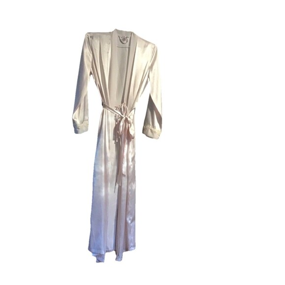 Linea Donatella Long Peignoir Robe Satin Pearl Lace M Pink Bridal Barbiecore - Picture 5 of 6